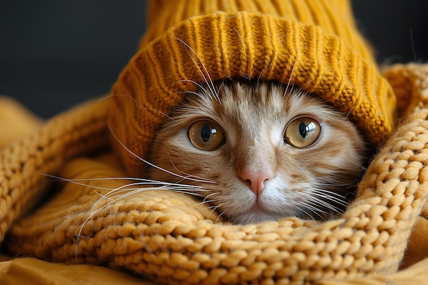 Un chat curieux dans un chapeau de tricot jaune qui regarde sous la couverture AI générative