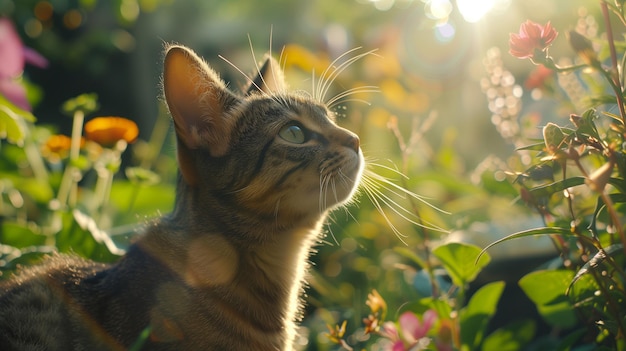 Un chat curieux explore un jardin éclairé par le soleil