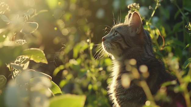 Un chat curieux explore un jardin éclairé par le soleil