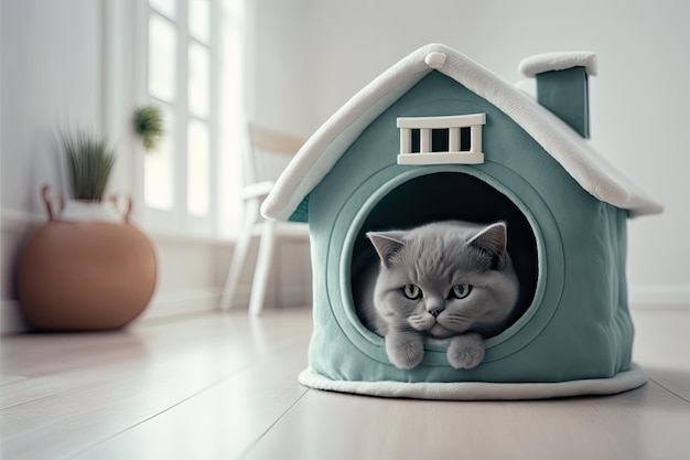 Chat curieux jetant un coup d'œil hors d'une maison de chat colorée Generative AI