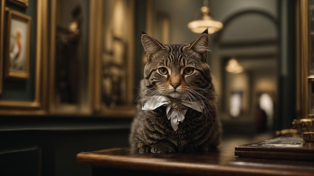 Un chat curieux parcourant une galerie d'art avec un monocle