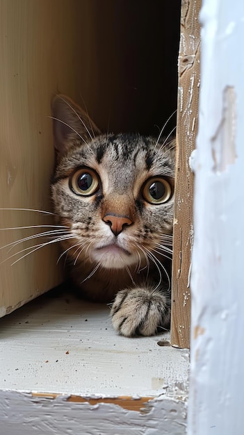 Un chat curieux qui regarde derrière une porte en bois