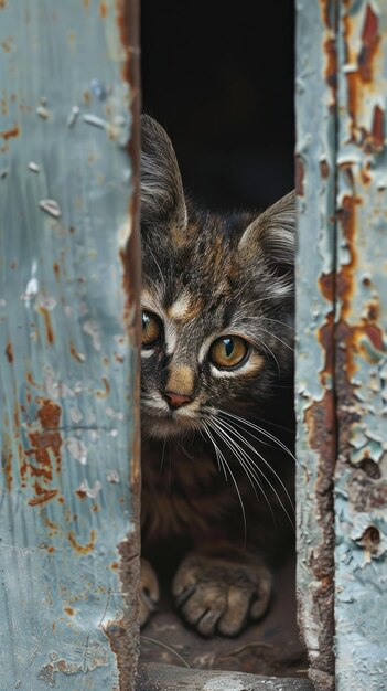 Un chat curieux qui regarde par le trou de la porte