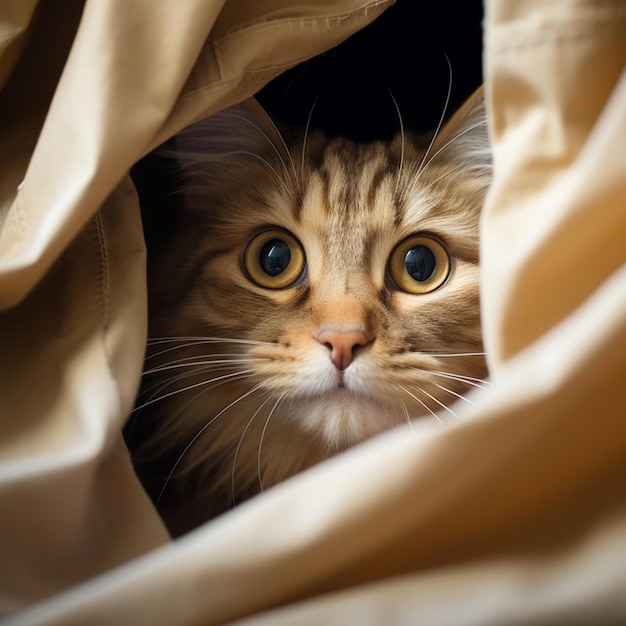 Un chat curieux regardant derrière un rideau.