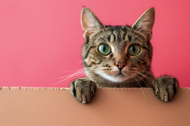 Chat curieux regardant par-dessus une boîte en carton