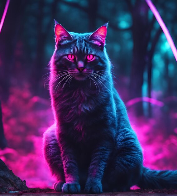 Chat Cyberpunk dans un éclairage au néon illustration photoréaliste futuriste