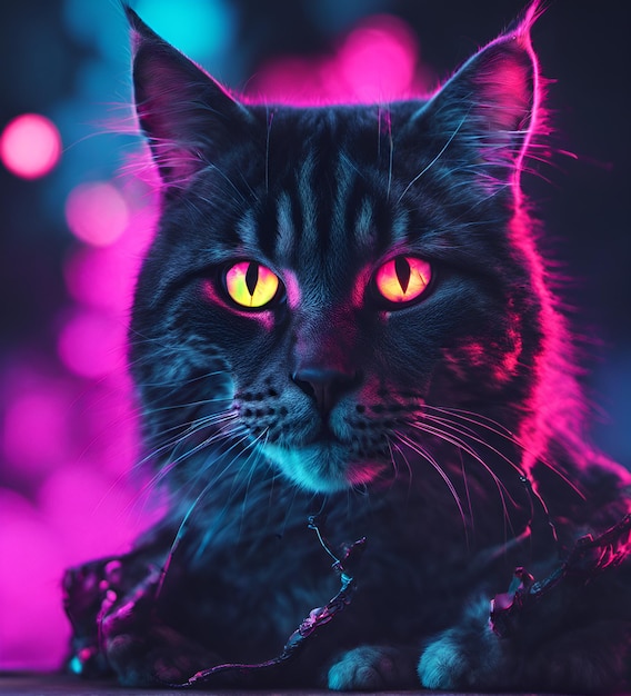 Le chat cyberpunk dans l'éclairage au néon illustration photoréaliste futuriste