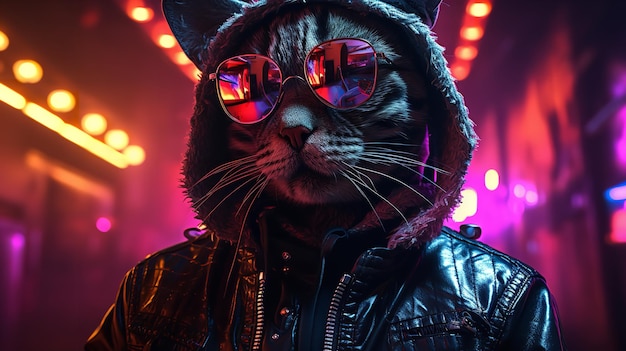 Un chat cyberpunk la nuit dans une métropole floue avec de la lumière au néon AI générative