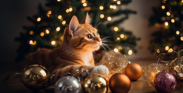 Le chat dans l'arbre de Noël Le chat et les boules de Noël