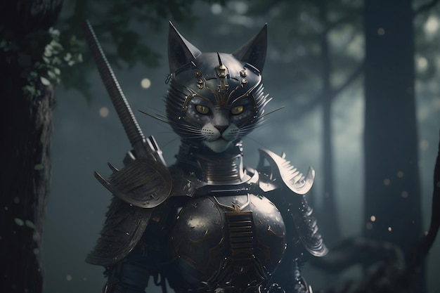 Un chat dans une armure de chevalier se tient dans une forêt sombre