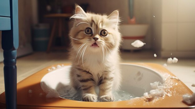 un chat dans une baignoire avec un poisson dedans