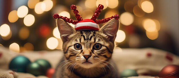 Chat Dans Un Bandeau De Renne Sur Un Fond De Noël Flou Ai Générative