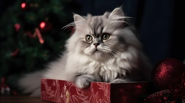 Un chat dans une boîte de Noël