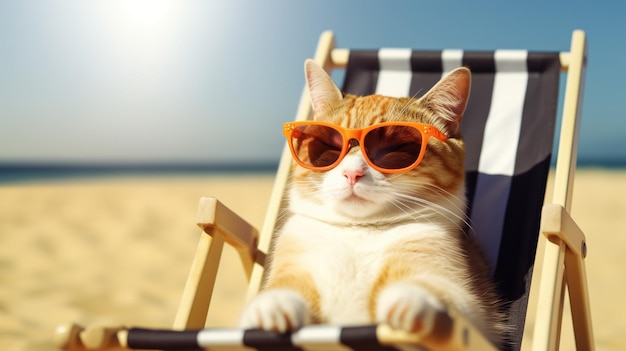 Photo un chat dans une chaise de plage portant des lunettes de soleil
