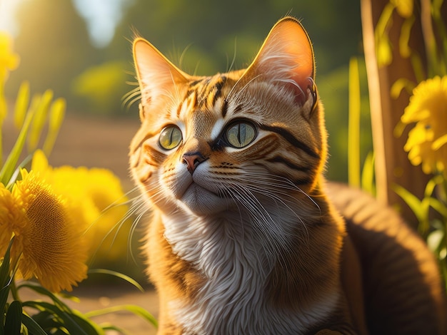 Chat dans le champ de fleurs au coucher du soleil ai génératif