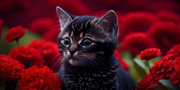 Un chat dans un champ de fleurs rouges