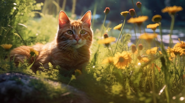 Un chat dans un champ de fleurs