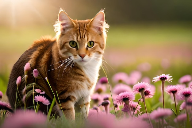 Un chat dans un champ de fleurs