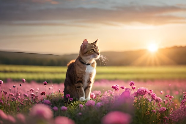 Un chat dans un champ de fleurs