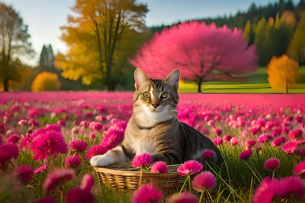 Un chat dans un champ de fleurs