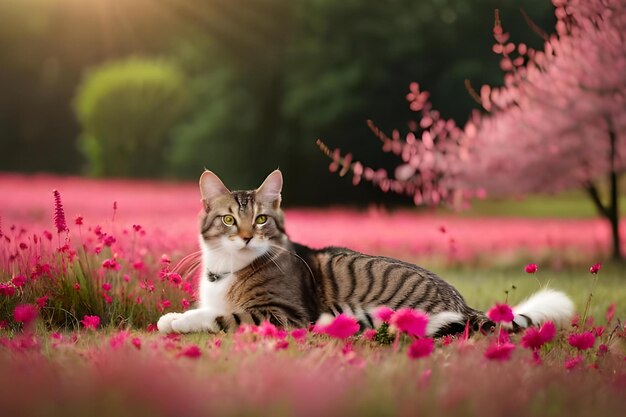 Un chat dans un champ de fleurs