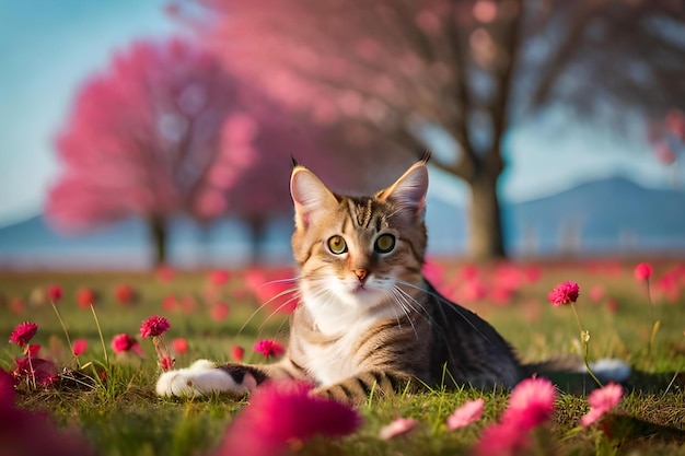 Un chat dans un champ de fleurs