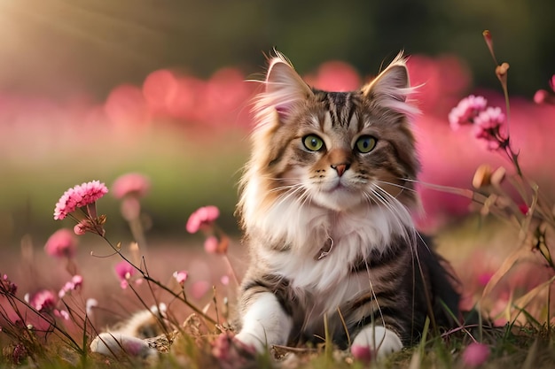 Un chat dans un champ de fleurs