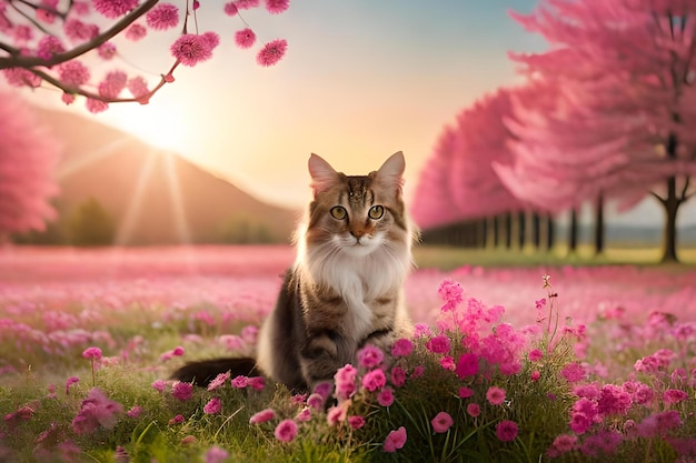 Chat dans un champ de fleurs