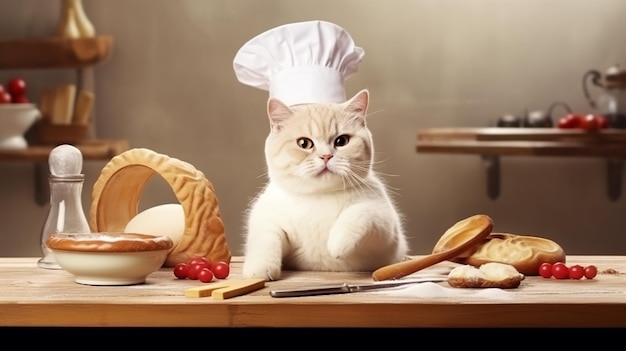 Un chat dans un chapeau de chef avec un ingrédient de pain