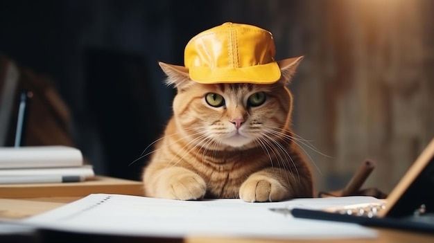 Photo un chat dans un chapeau dur travaille devant un ordinateur portable dans un atelier