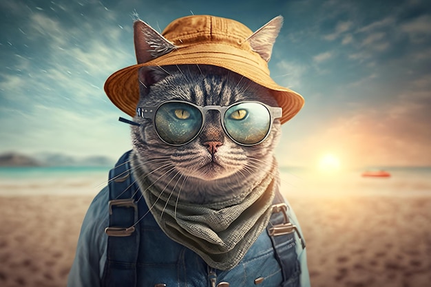 Un chat dans un chapeau et une salopette se tient sur une plage.