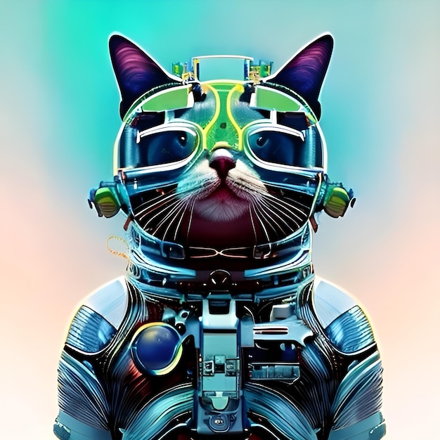 Un chat dans une combinaison spatiale avec une tête verte et une tête bleue.