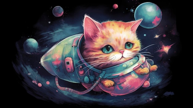 Un chat dans l'espace avec une combinaison spatiale dessus.