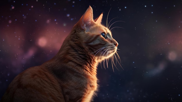 Un chat dans l'espace avec un fond violet