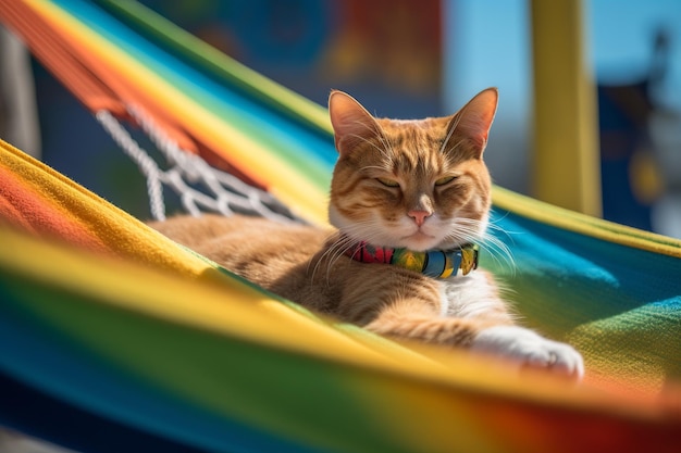 Un chat dans un hamac avec un collier de couleur arc-en-ciel.