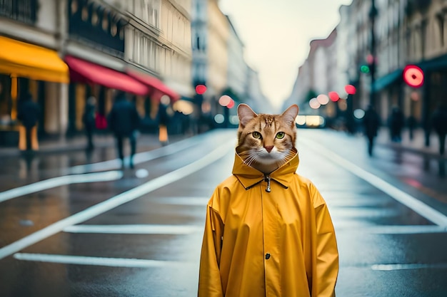 un chat dans un imperméable avec un auvent rouge