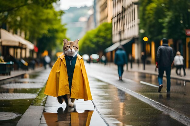 Photo un chat dans un imperméable avec un imperméable jaune dessus