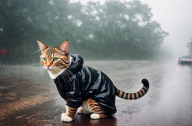 Un chat dans un imperméable sous la pluie à l'extérieur de l'IA générative