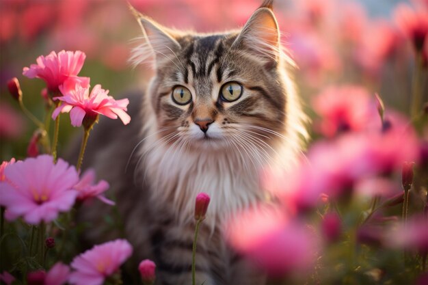 chat dans le jardin avec de belles fleurs