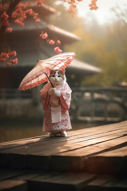 Photo un chat dans un kimono tient un parapluie avec le mot sakura dessus.