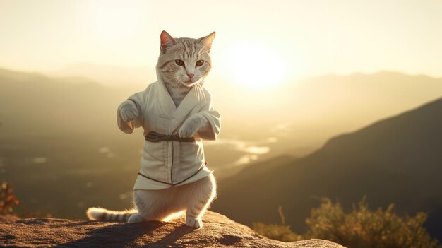 Un chat dans un kimono avec le titre 'star wars' dessus