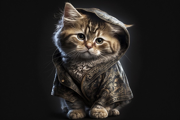 Un chat dans un manteau avec une capuche ai généré des illustrations