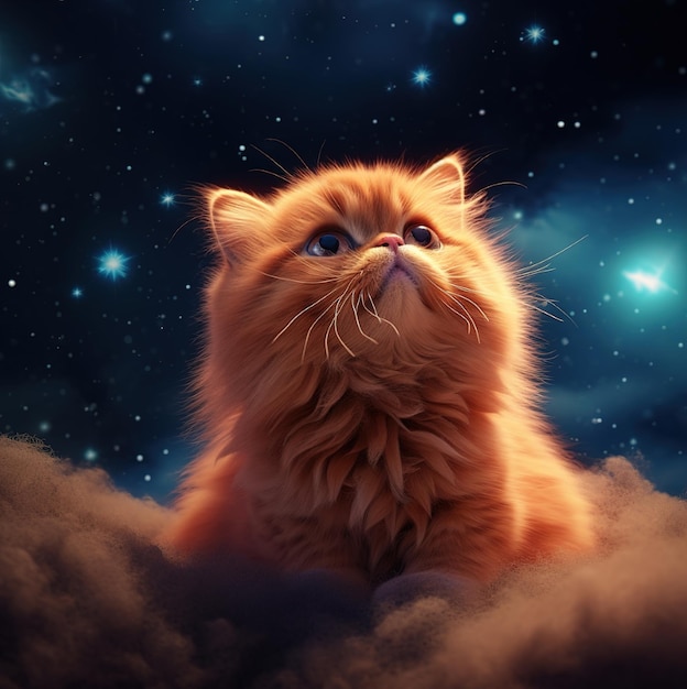Un chat dans les nuages avec les étoiles dessus.
