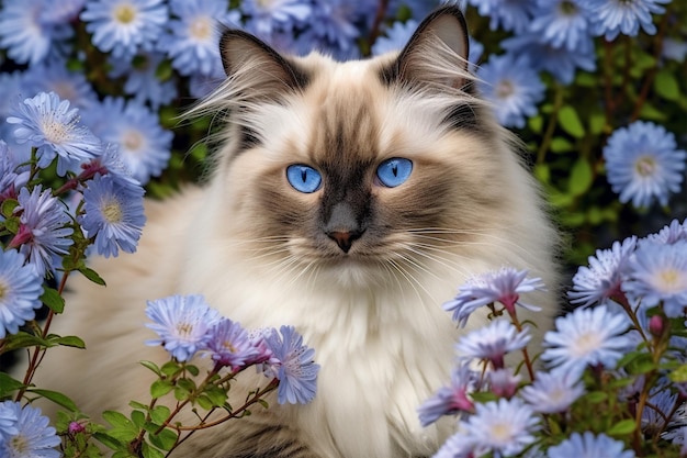 Un chat dans un parterre de fleurs aux yeux bleus