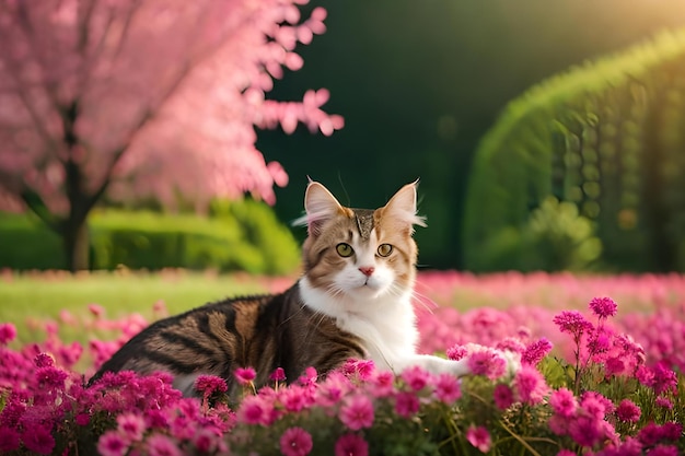 Un chat dans un parterre de fleurs avec des fleurs roses