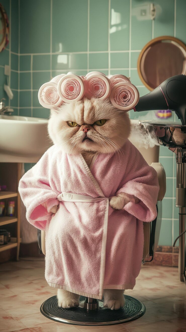 un chat dans un peignoir