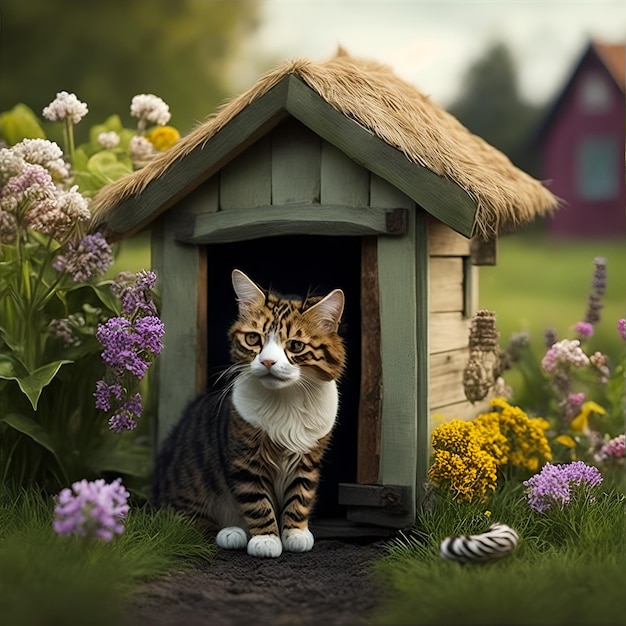 Un chat dans une petite maison.