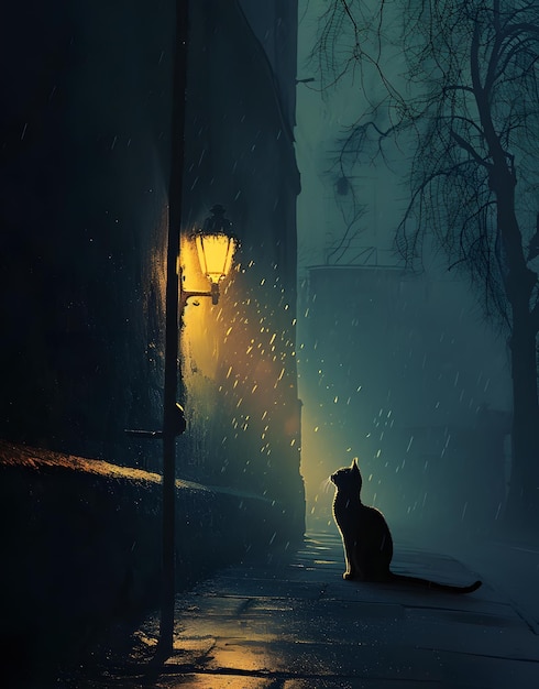 Un chat dans une ruelle brumeuse la nuit.