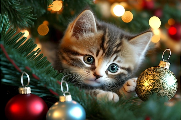 Un chat dans un sapin de Noël