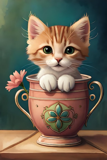 Un chat dans une tasse avec des fleurs